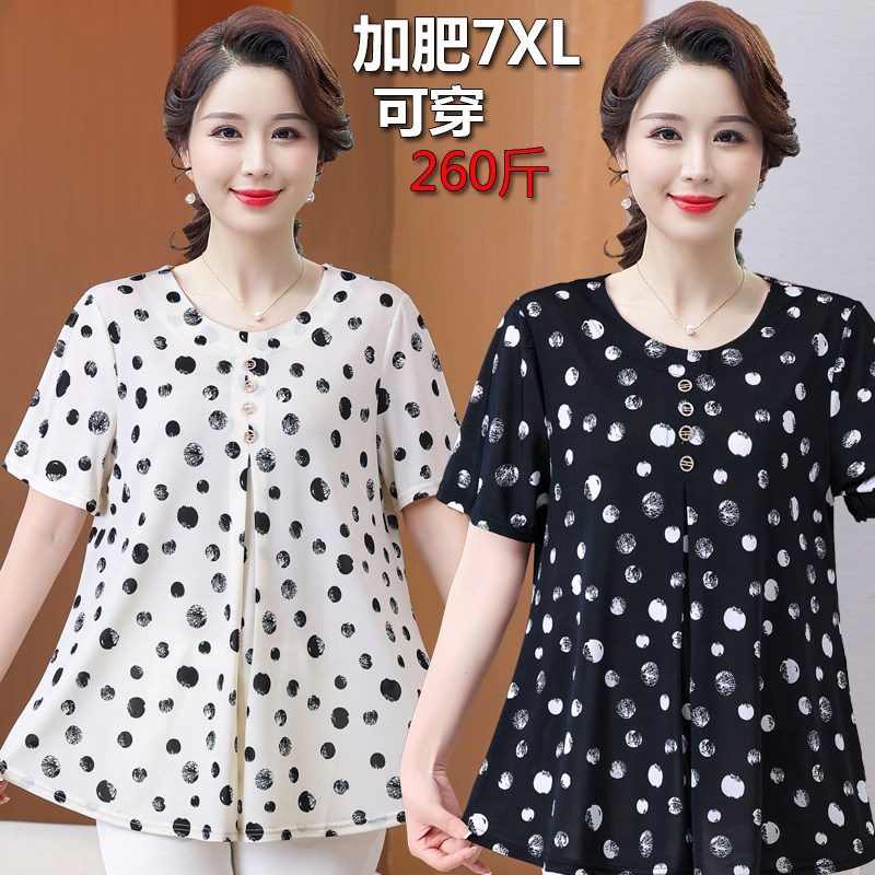 2024新款妈妈洋气小衫加肥加大码老年人女装夏装圆点上衣短袖T恤