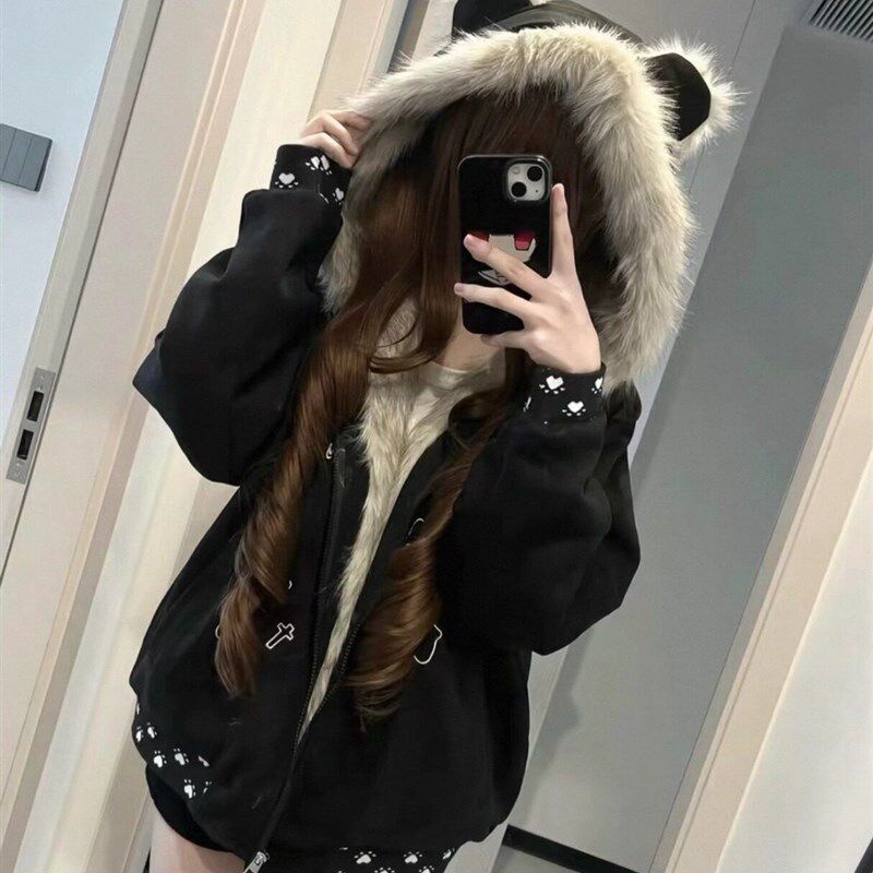 秋冬新款猫咪刺绣座山雕棉服外套男女宽松小众设计感加厚保暖棉衣