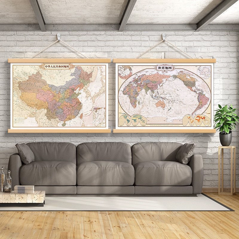 实木复古中国挂图世界地图办公室书房客厅装饰画墙面挂画墙画壁画