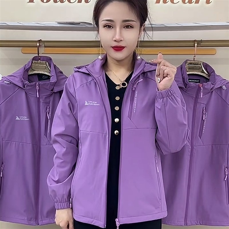 春秋连帽纯色拉链开衫外套宽松遮肚显瘦上衣女时尚百搭中年妈妈装