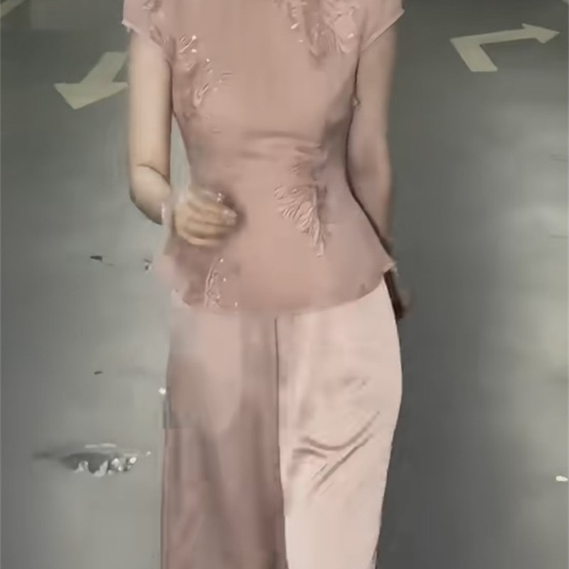 爆款炸街女装2025夏优雅粉色新中式修身上衣气质网纱半身裙直筒裤