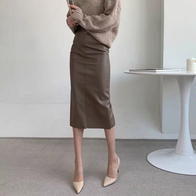 秋冬季女咖色小皮裙气质半身裙修身中长款直筒高腰一步裙PU包臀裙