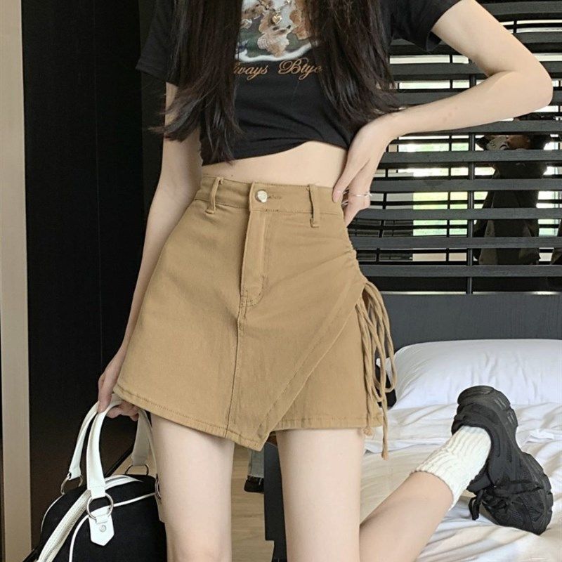 白色牛仔短裙女新款秋季高腰显瘦半身裙卡其黑不规则抽绳短裤裙子