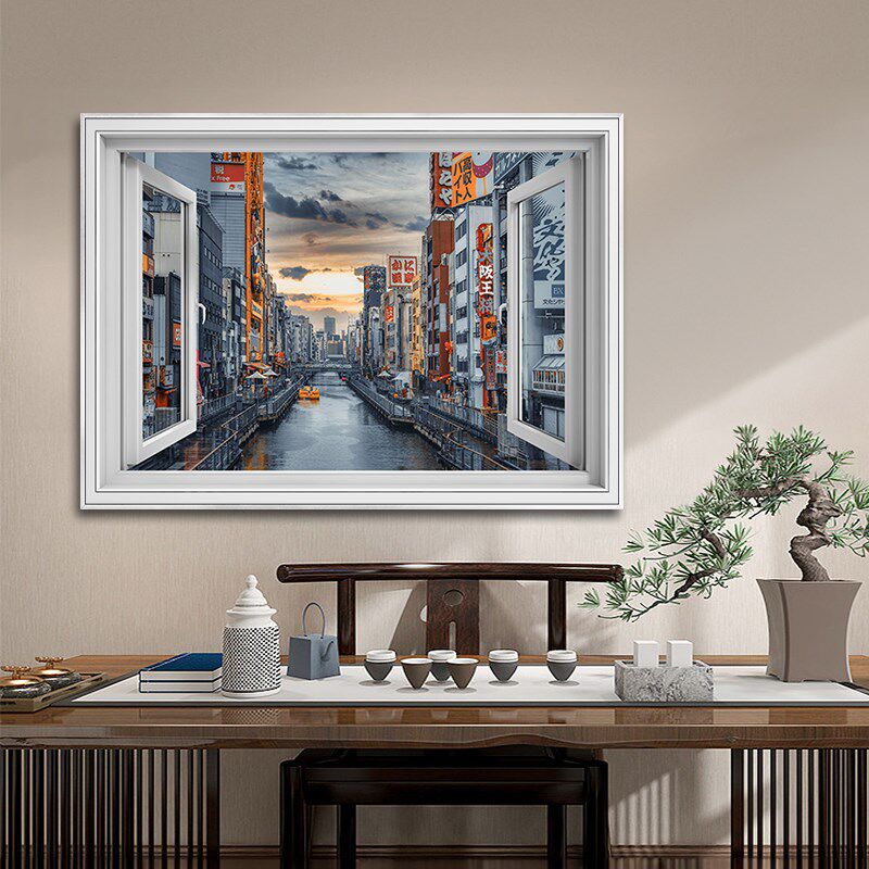 日式风景假窗户发光装饰画暗房茶室民宿K酒店客房立体带灯窗景挂