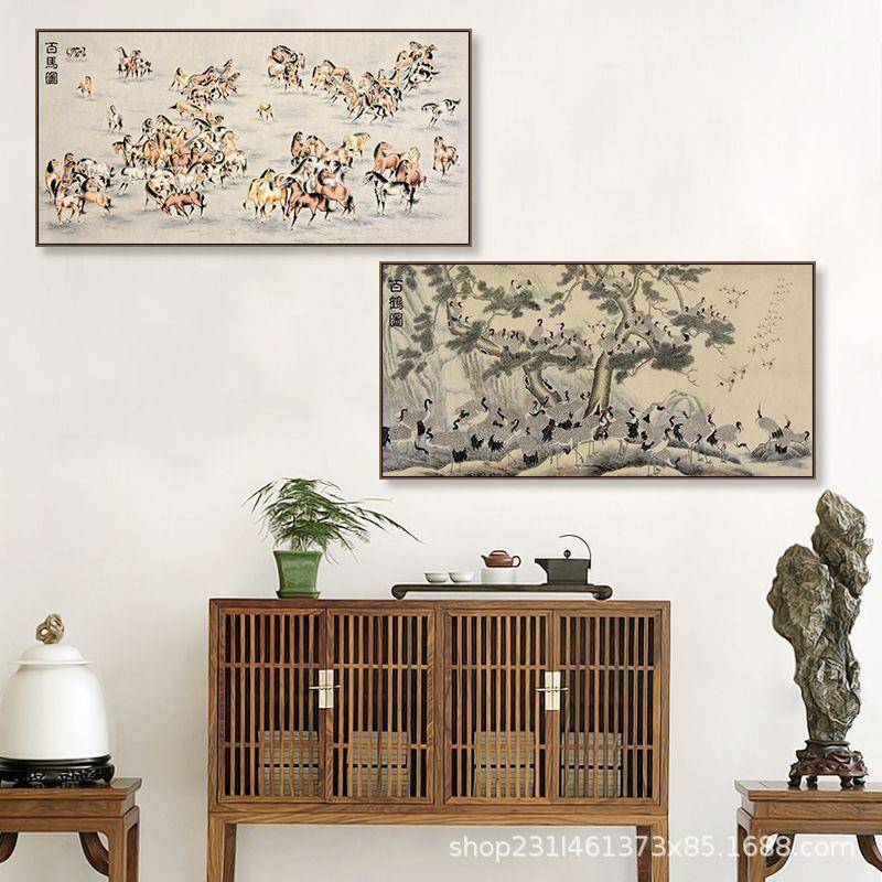百子图挂百画百朝凤鸟无品牌/玄关画中式图客装饰画百厅马百花百