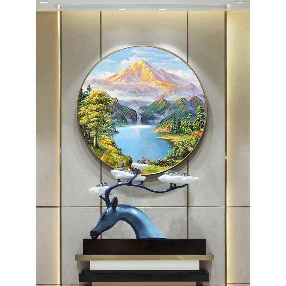 手绘画饰229qsjbp玄关形装画欧油式美式轻奢山水画圆风景金山聚宝