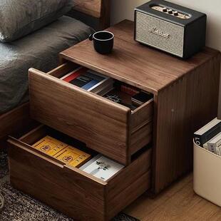 北美黑桃木全胡木头柜暗格床头柜现代无品牌/简约卧室储物床收纳