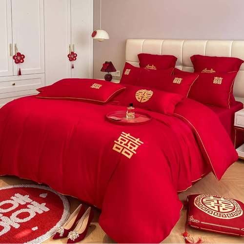 庆四件套大红色刺绣结婚床上用新婚婚OLD33765房喜被婚套龙件凤品