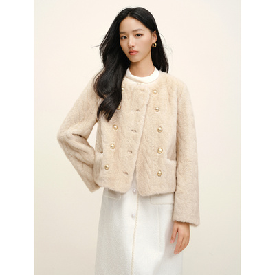 JUZUI玖姿立体压花肌理短款仿皮草外套女2025冬季新款JTFD02108