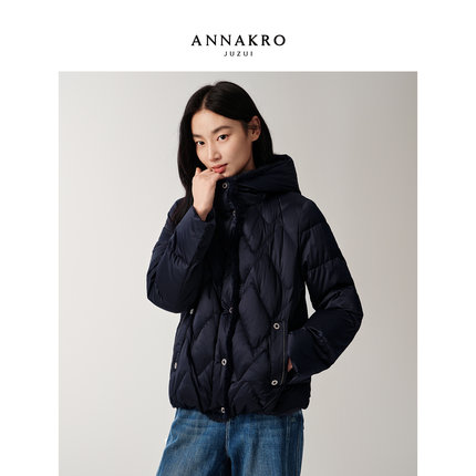 玖姿安娜蔻优雅通勤水貂毛拼接连帽短款鸭绒羽绒服女2025冬季新款
