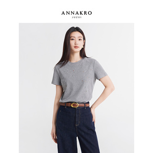 玖姿安娜蔻简约时尚无龄感闪耀烫钻圆领短袖T恤女2026春季新款