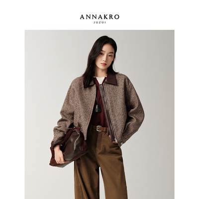 玖姿安娜蔻复古巴恩风拼接翻领短款谷仓夹克外套女2025秋季新款