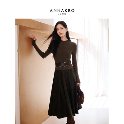 玖姿安娜蔻迪木尔风针梭拼接假两件半高领连衣裙女2025冬季新款