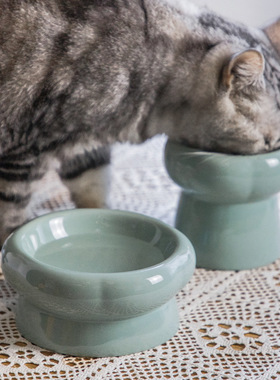 猫碗马卡龙色可爱幼猫防打翻陶瓷猫咪猫食盆保护颈椎高脚猫碗双碗
