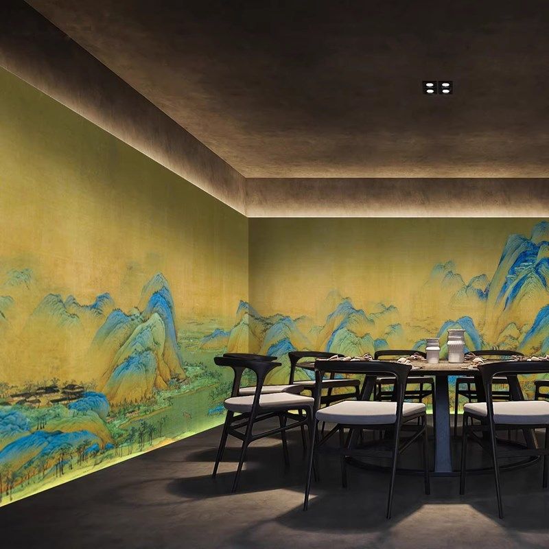 3D复古新中式千里江山背景墙纸山水国画餐厅饭店包间壁纸茶室壁画