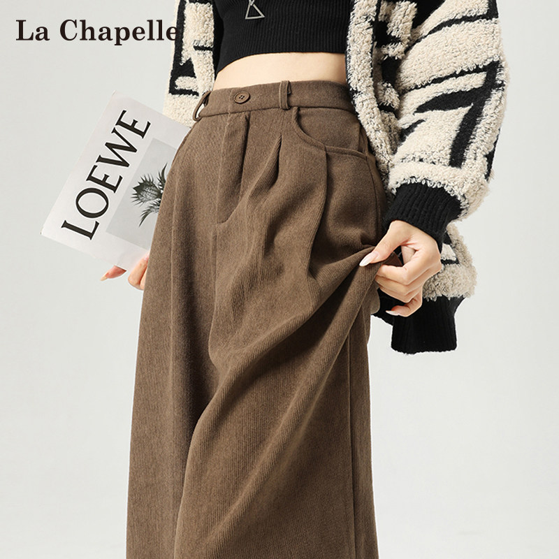 拉夏贝尔棕咖色加绒加厚阔腿裤女