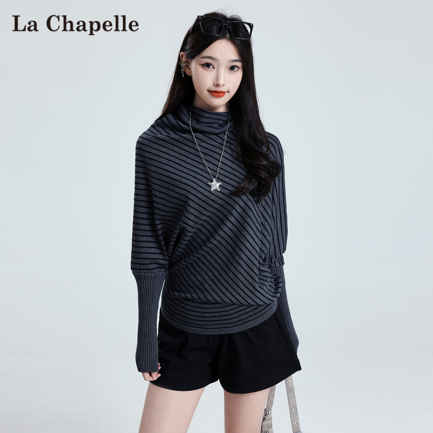 拉夏贝尔条纹高领港风针织衫女冬