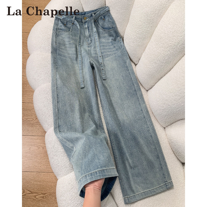 拉夏贝尔重工烫钻阔腿牛仔裤女春秋冬2026新款高腰显瘦系带直筒裤,女装/女士精品,牛仔裤,淘宝优惠券,粉丝福利购,淘宝优惠卷