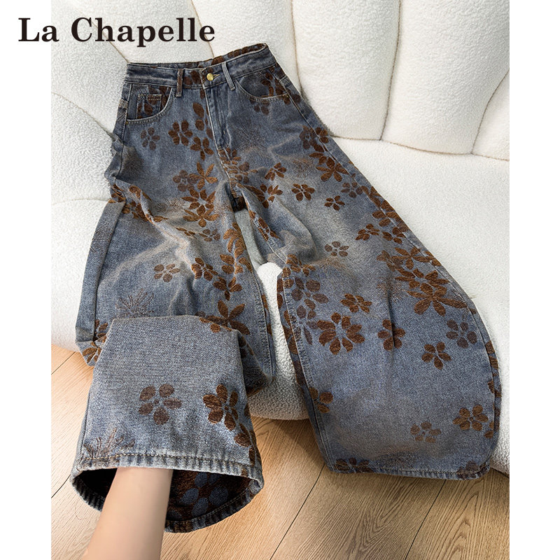 拉夏贝尔复古印花阔腿牛仔裤女春秋2026新款高腰宽松直筒拖地裤子,女装/女士精品,牛仔裤,淘宝优惠券,粉丝福利购,淘宝优惠卷