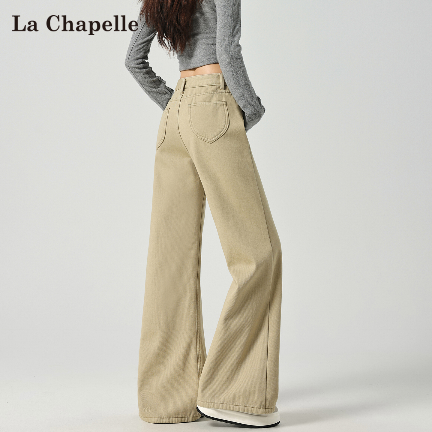 拉夏贝尔卡其色加绒微喇牛仔裤女