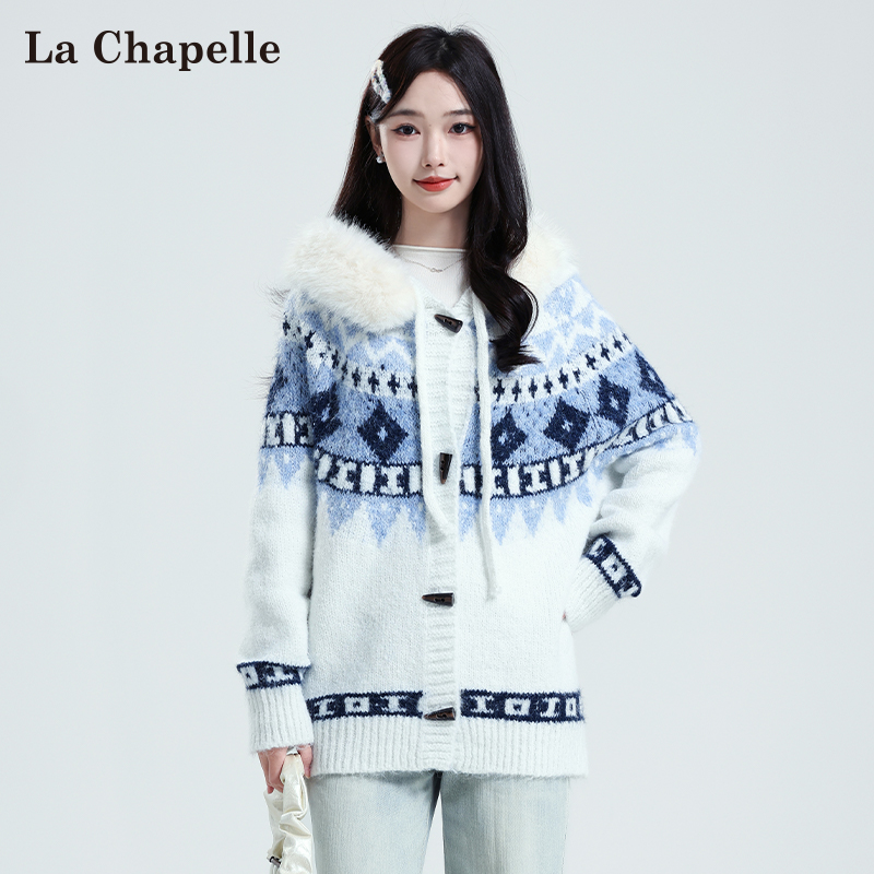 拉夏贝尔白色费尔岛毛领针织衫女