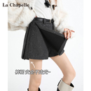 拉夏贝尔侧开叉亮片毛呢半身裙女2025秋冬新款 高腰a字包臀短裙裤