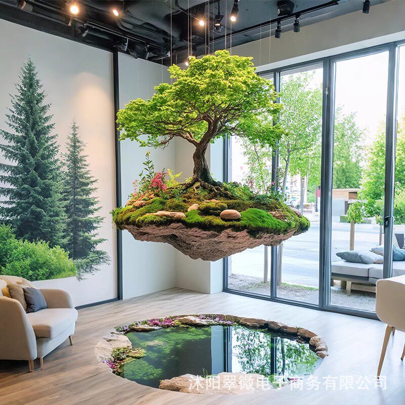 梦幻悬浮岛景观仿真绿植假山石悬挂苔藓植物造景商业橱窗创意装饰