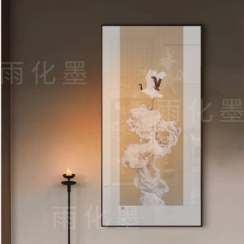 新中式玄关装饰壁画松鹤原木风酒店轻奢走廊过道壁画工笔太湖石图片