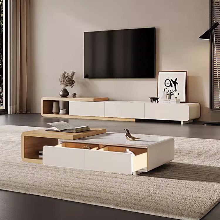新板茶岩几电视柜组合可伸缩原木色FA07款油风现代简约家奶用小户