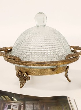 印度进口黄铜f玻璃点心防尘展示盘样板间家用餐桌果盘收纳装饰摆