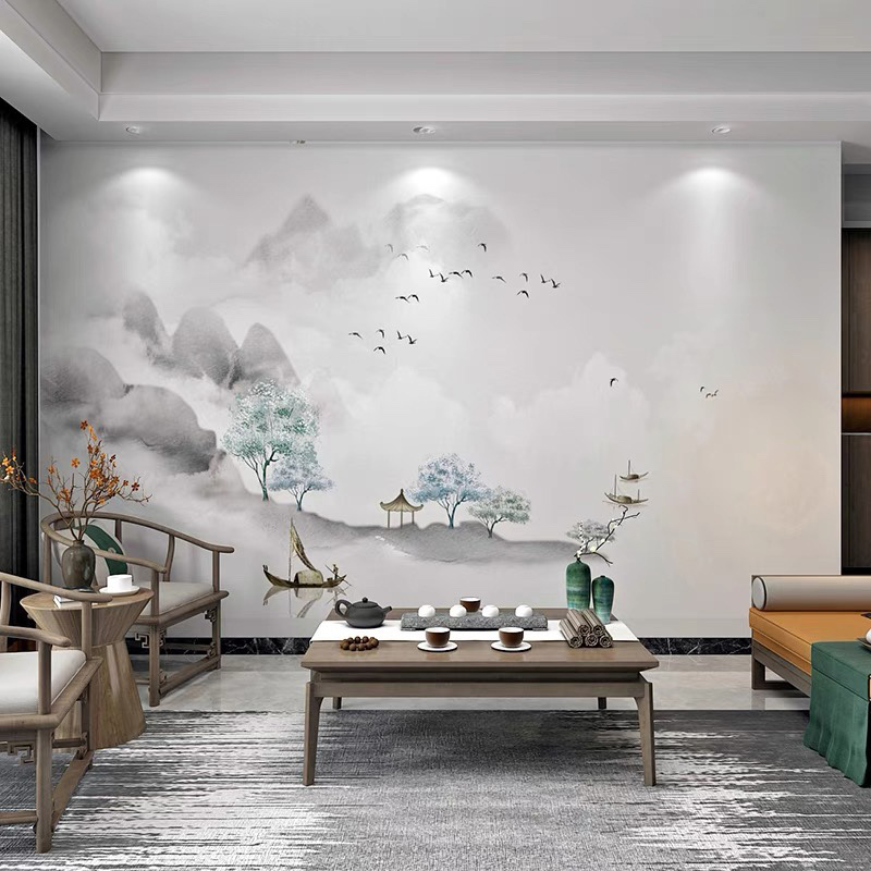 8d新中式水墨电视n背景墙纸饭店包厢沙发客厅壁纸茶室禅意壁画