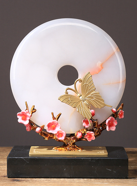 新中式扣玉石摆件黄n铜珐琅彩招财客厅电视柜玄关书房装饰礼品