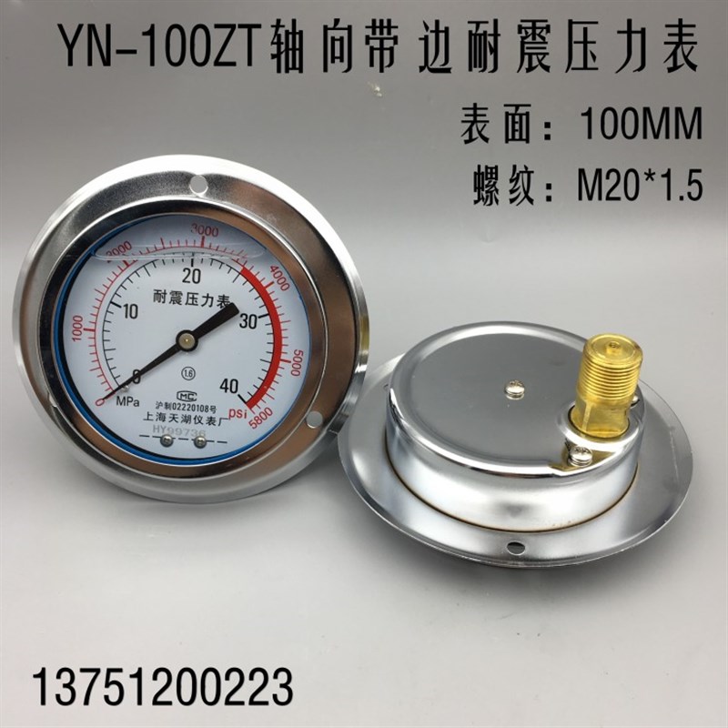 上海天湖YN-100ZT轴向带边耐震压力表 抗震0-1 1.6 2.5 40MPA
