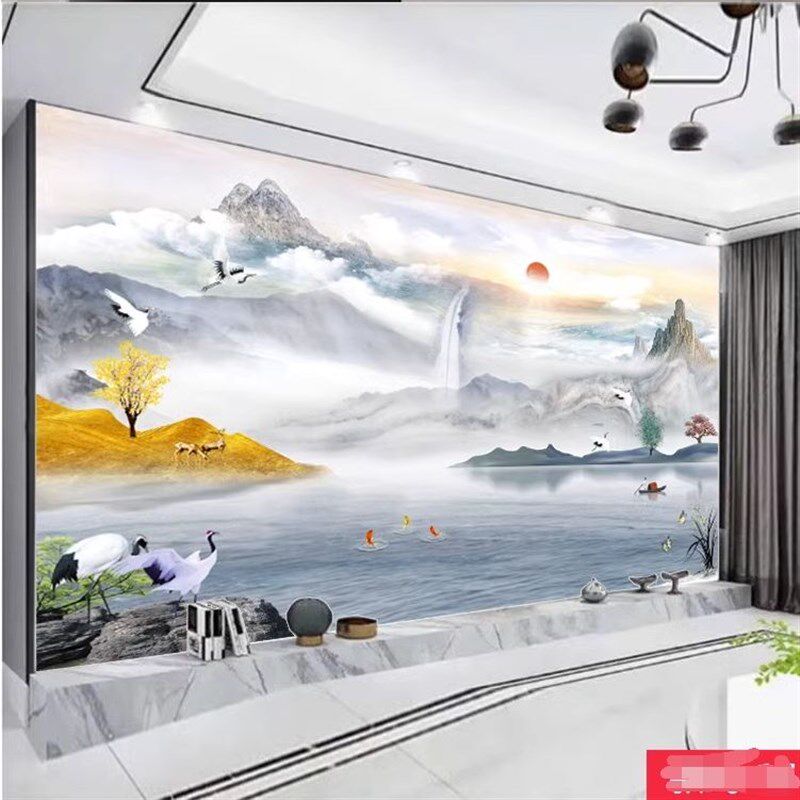 2024新款中式岩板山水画背景墙大理石电视瓷砖高温微晶石材电视墙