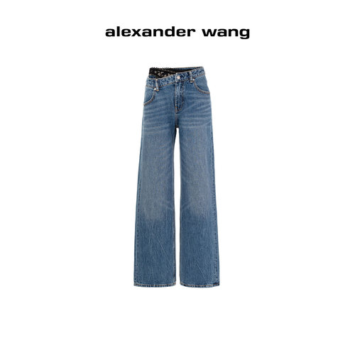 Alexander Wang亚历山大王水洗高腰直筒牛仔裤女蕾丝装饰休闲裤
