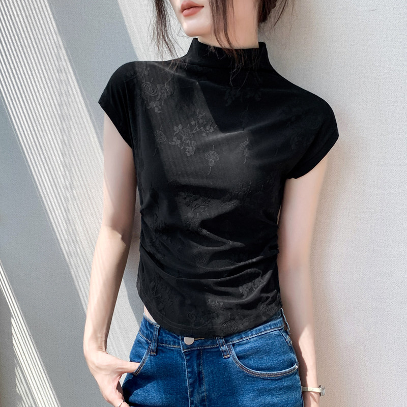 半高领无袖T恤女2025秋季新款修身新中式提花国风包袖内搭打底衫