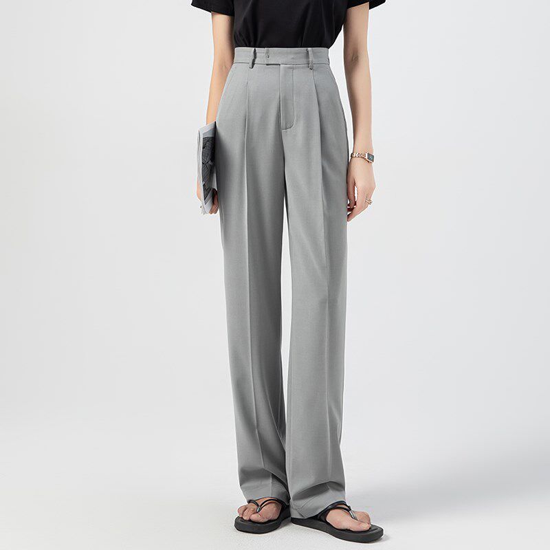 凉感夏季薄款垂感显瘦窄版阔腿裤女精纺羊毛西装裤灰色直筒裤长裤