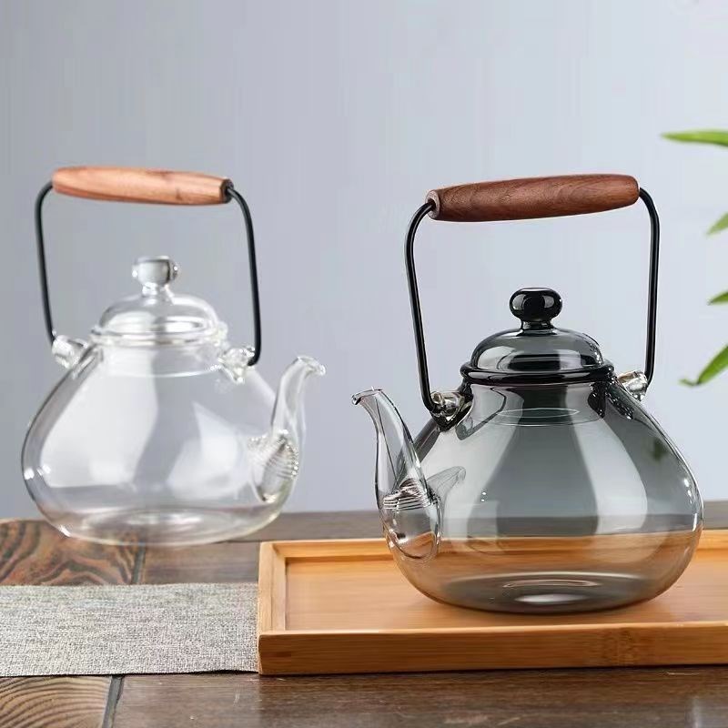 高硼硅玻璃提梁壶l黑胡桃木把煮茶壶大容量玻璃壶围炉煮茶过滤茶