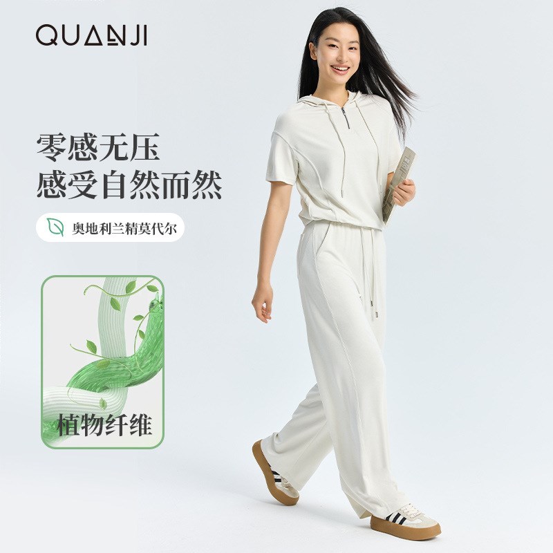 舒适亲肤宽松连帽短袖长裤套装女夏纯色简约薄半拉炼 炼 松紧