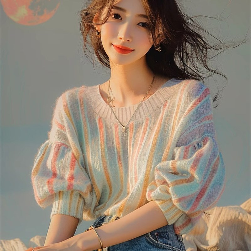 牛X货 巨炸裂!彩色条纹针织短袖T恤女夏季小众别致绝美泡泡袖