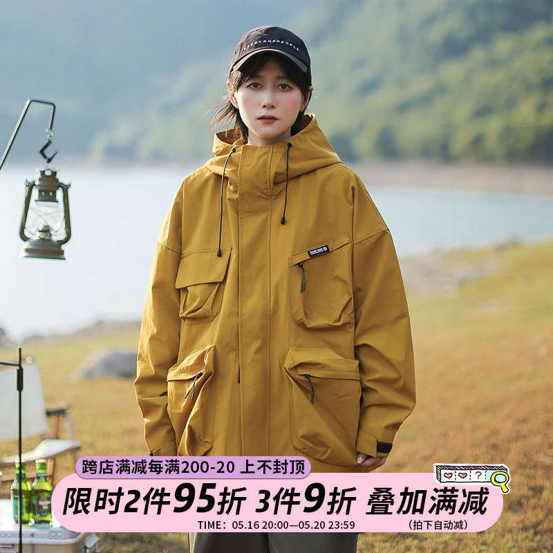 日系纯色冲锋衣防水连帽外套户外重磅口袋休闲百搭情侣夹克男女潮