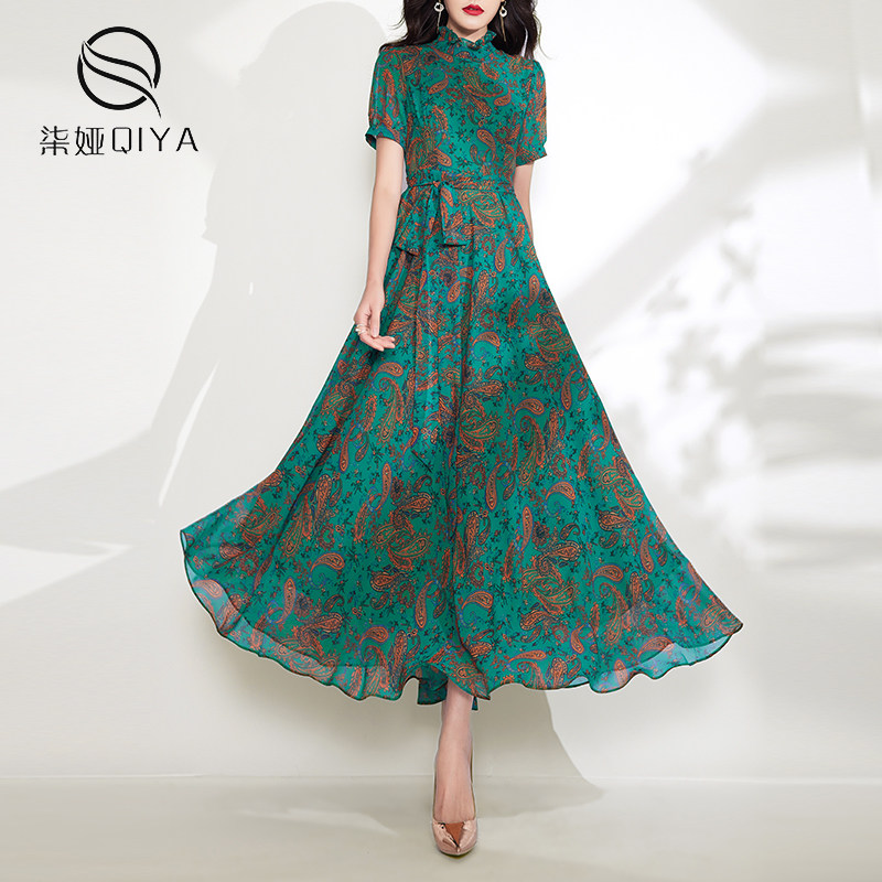 短袖连衣裙女夏装2025年新款复古收腰显瘦雪纺腰果印花绿色长裙子