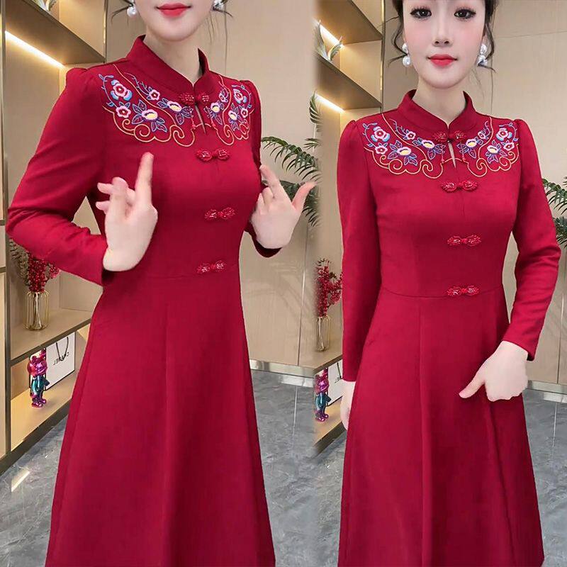 高档改良版旗袍连衣裙女2024年秋季新款时尚妈妈修身遮肚裙子女秋