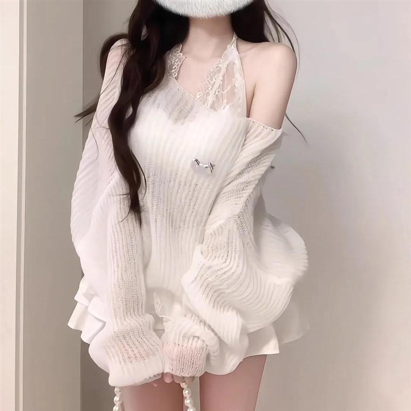 套装女2025夏季纯欲风辣妹穿搭针织上衣蕾丝吊带高腰半身裙三件套