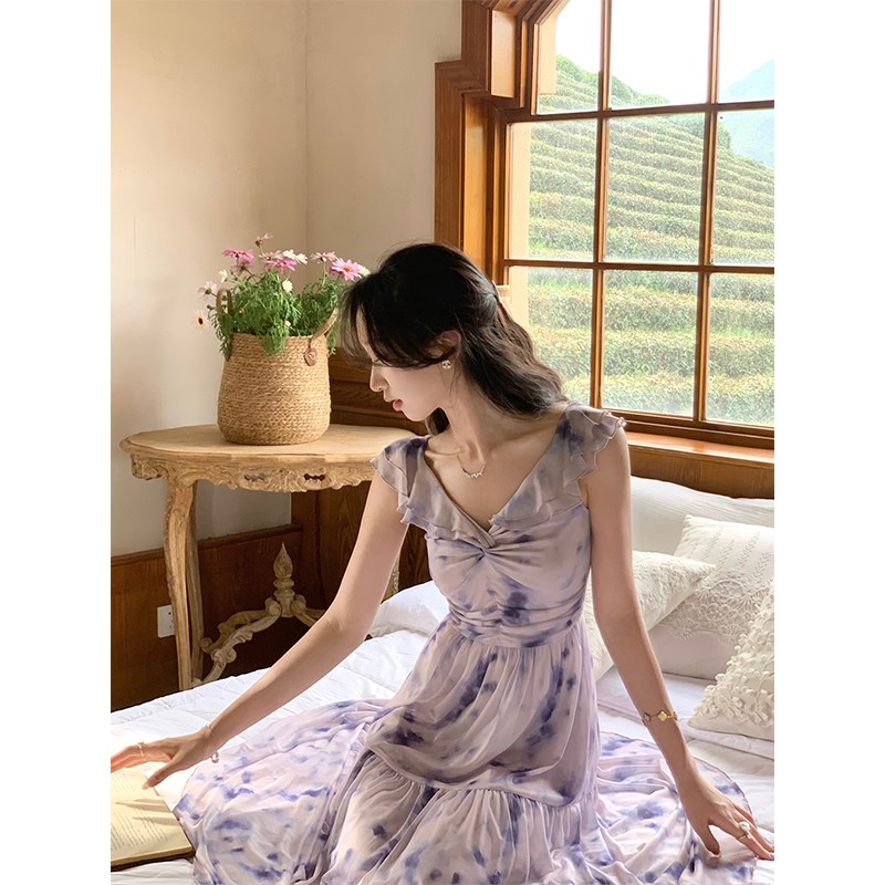 韩语琳 绝美紫色晕染V领连衣裙女夏季新款收腰显瘦巨好看气质长裙