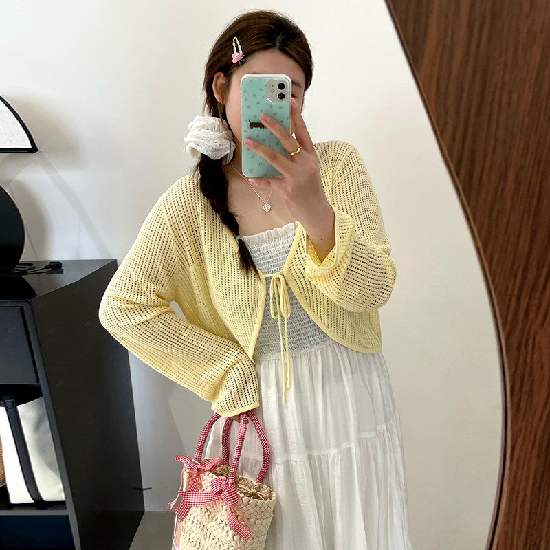 大码女装v领短款小衫女系带镂空外套2025夏胖mm百搭针织开衫披肩