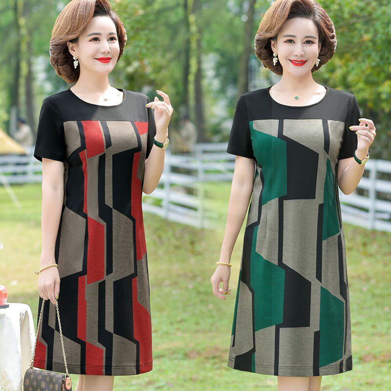 新款妈妈洋气连衣裙中年女夏装小个子高贵中老年气质短袖棉麻裙子