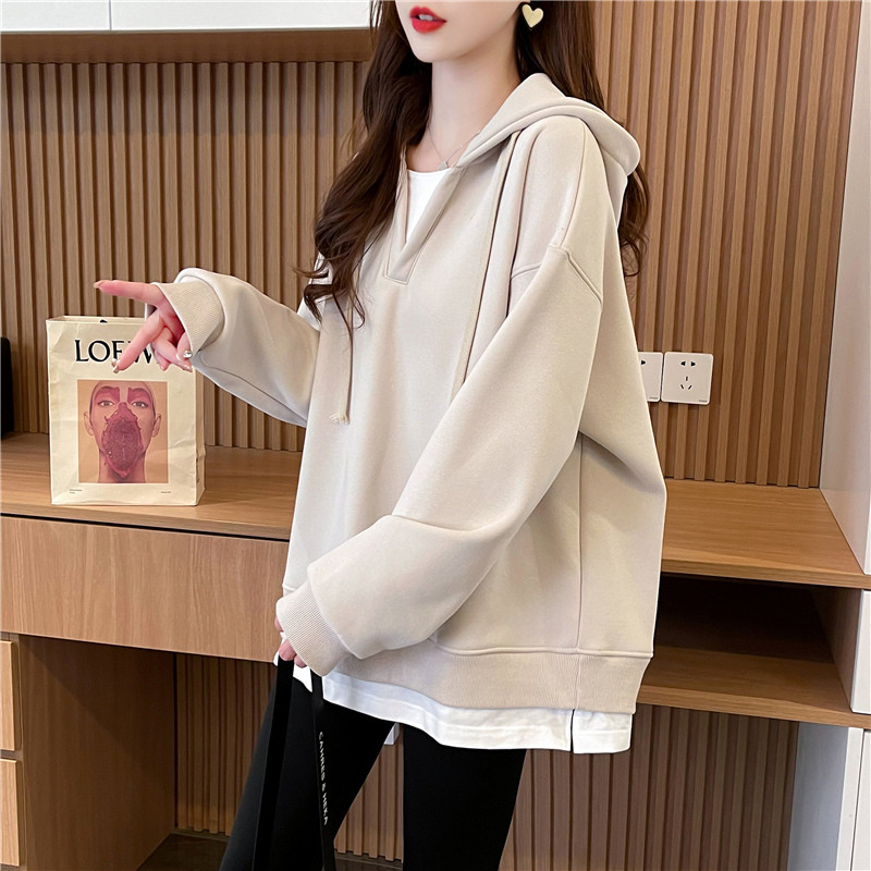 纯色假两件连帽卫衣女春秋薄款2024胖mm大码200斤高级感中长外套