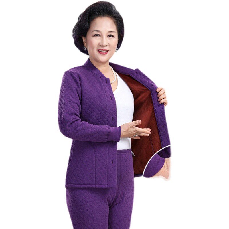 老年人加绒加厚保暖内衣女妈妈奶D奶开衫开襟对开秋衣秋裤套装