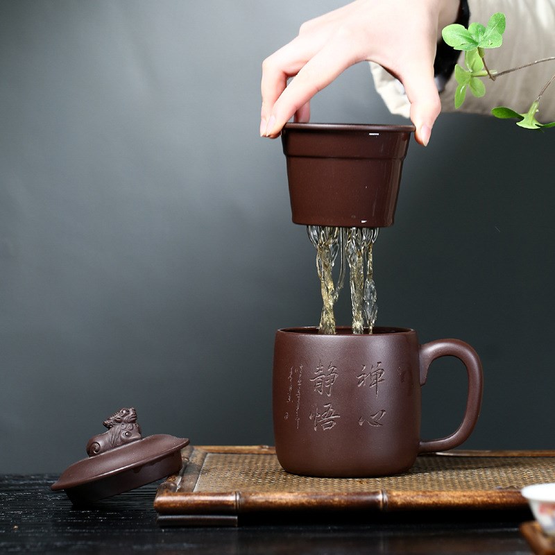 宜兴原矿紫砂办公杯 祥瑞盖杯三件套带过滤内胆茶杯刻字L.OGO礼品